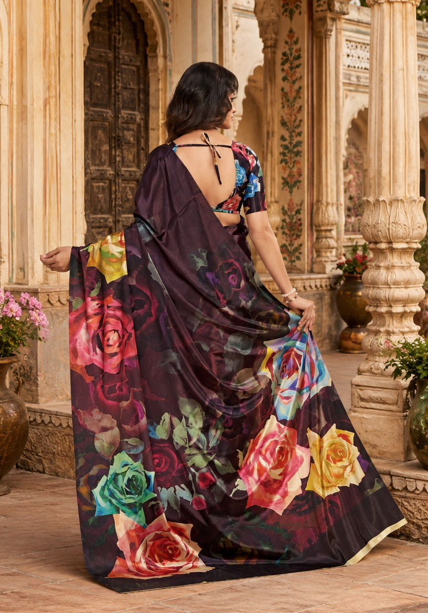 Premium Crepe Silk Floral Printed Saree With Unstitched Blouse(Brown)
