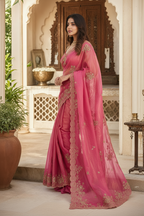 Satin Silk Embroidery Work Saree With Unstitched Blouse(Pink)