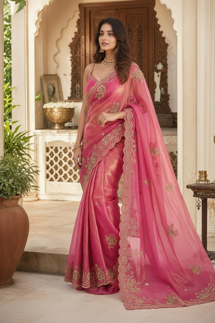 Satin Silk Embroidery Work Saree With Unstitched Blouse(Pink)