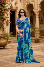 Chiffon Printed Saree With Unstitched Blouse(Blue)