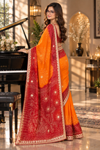 Premium Georgette Bandej Jaypuri Butti Dori Gotta Work Saree With Unstitched Blouse (Yellow)