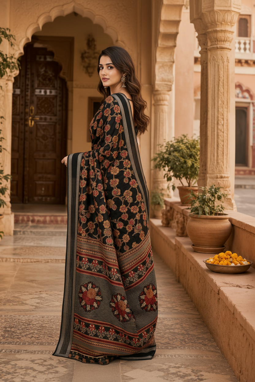 Georgette Designer Saree With Unstitched Blouse(Black)
