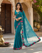 Georgette Printed Saree With Unstitched Blouse(Blue)