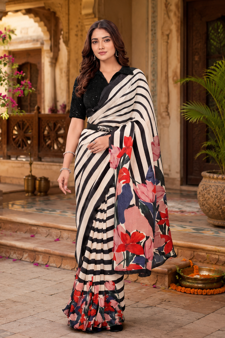 Satin Silk Floral Printed Saree With Unstitched Blouse(White)