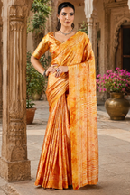 Satin Silk Ajrakh Printed Saree With Unstitched Blouse(Mustard)