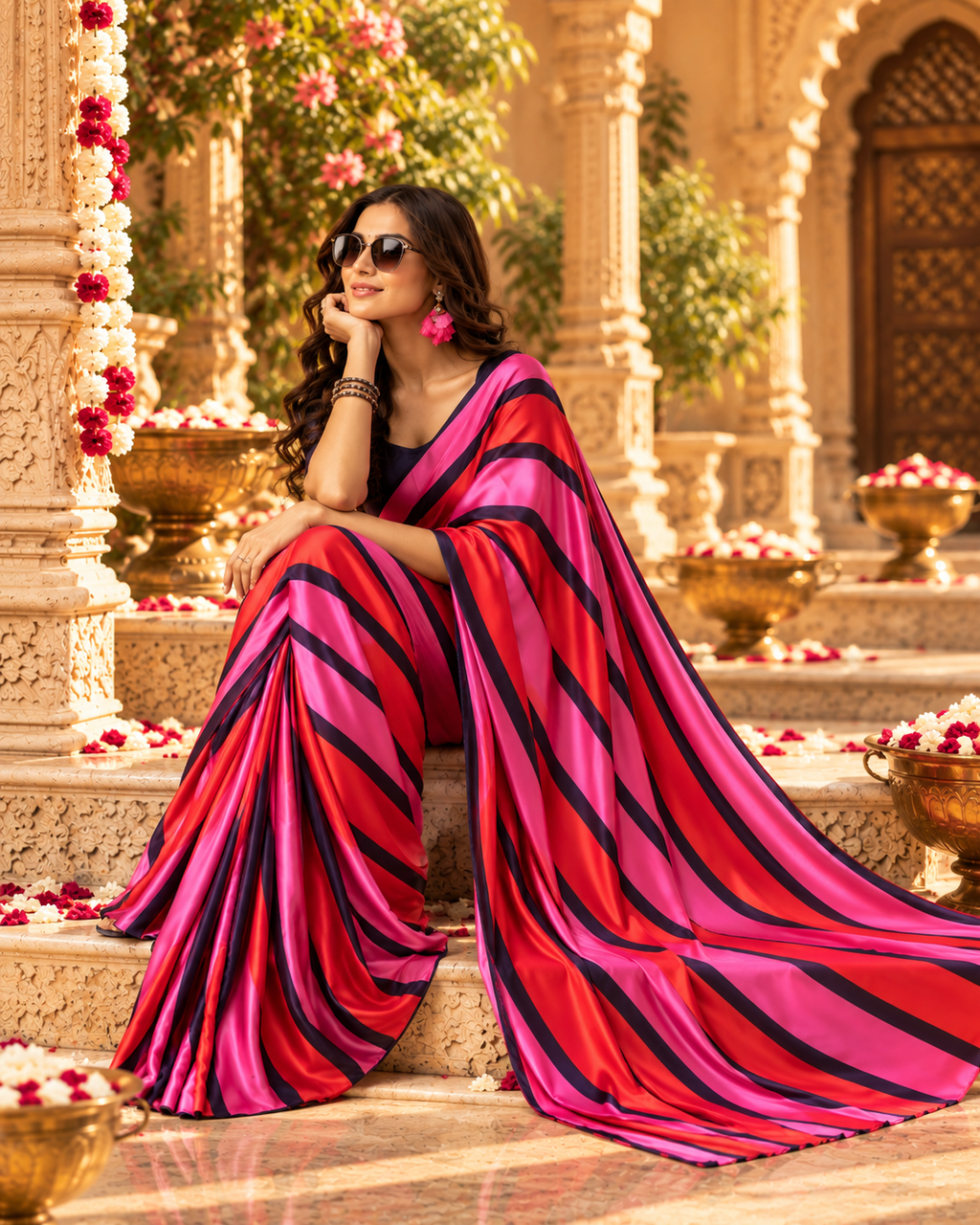Satin Silk Printed Saree With Unstitched Blouse(Pink)