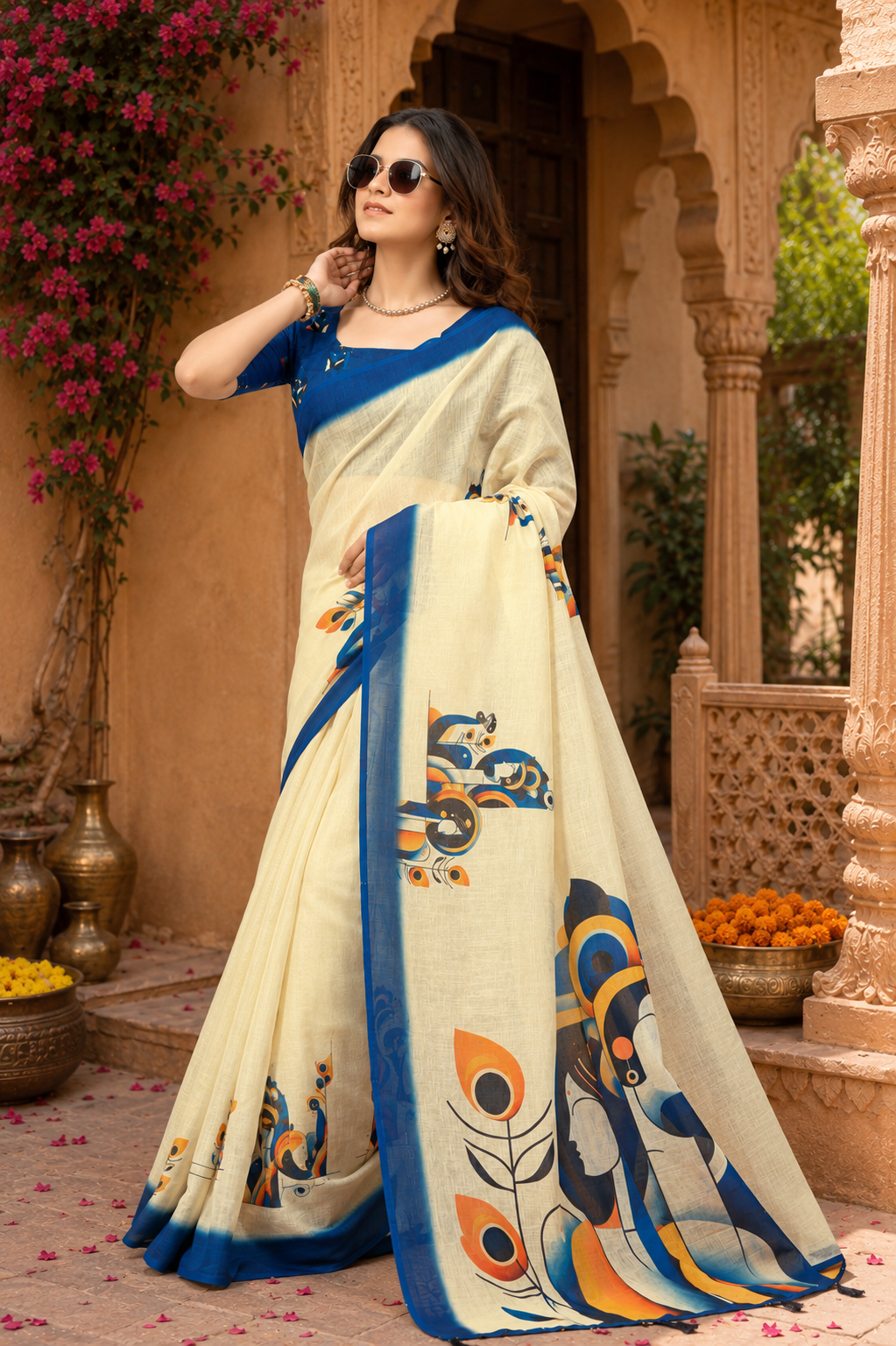 Linen Printed Saree With Unstitched Blouse(Beige)