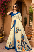 Linen Printed Saree With Unstitched Blouse(Beige)