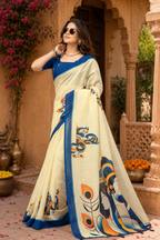Linen Printed Saree With Unstitched Blouse(Beige)