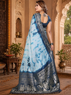 Satin Silk Bandhani Printed Saree With Unstitched Blouse(Blue)