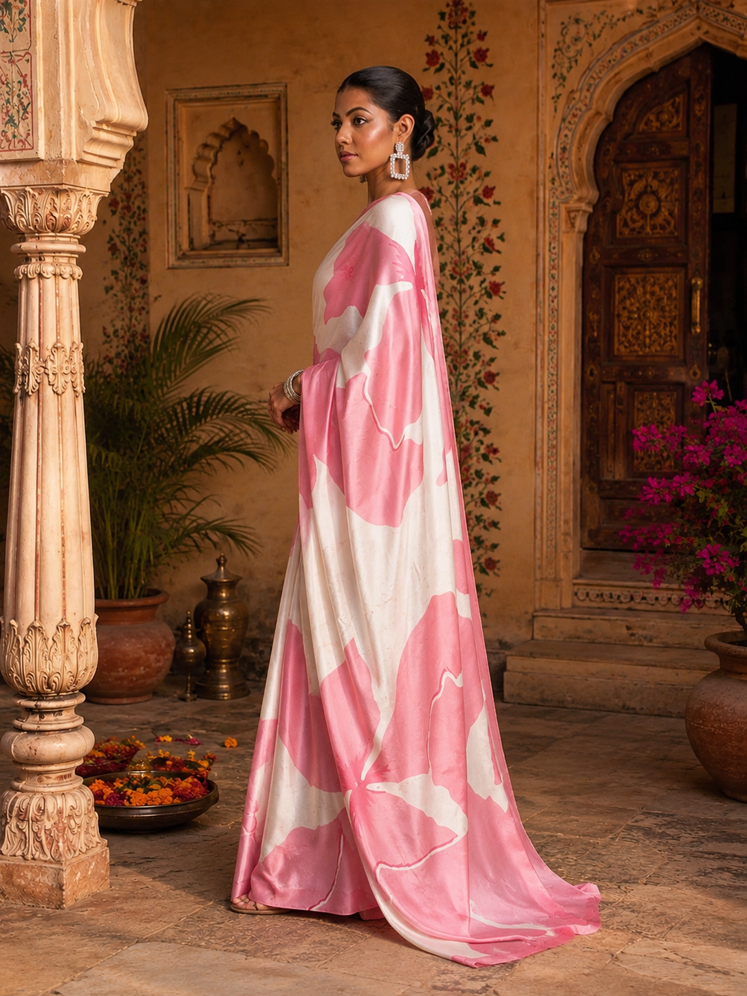 Japan Satin Printed Saree With Unstitched Blouse(Pink)