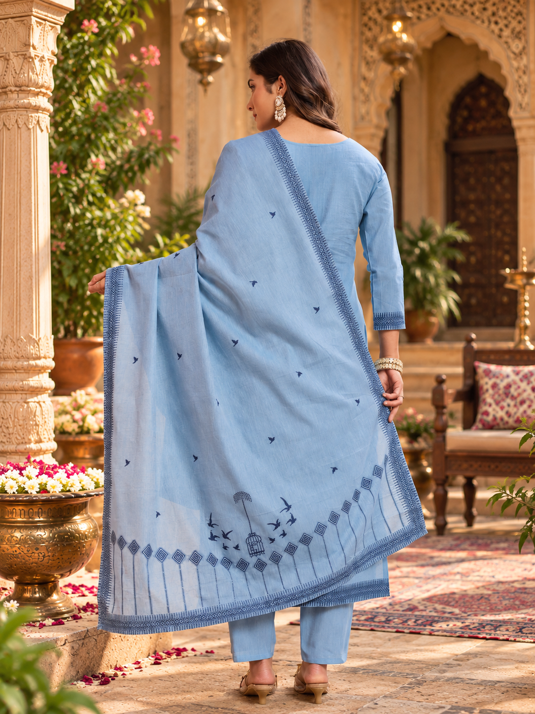 Cotton Printed Kurti Set With Dupatta(Blue)