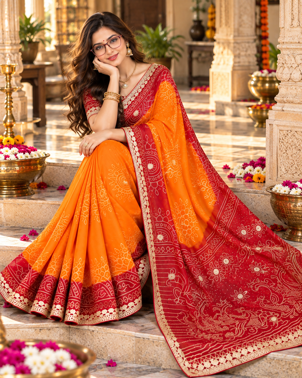 Premium Georgette Bandej Jaypuri Butti Dori Gotta Work Saree With Unstitched Blouse (Yellow)