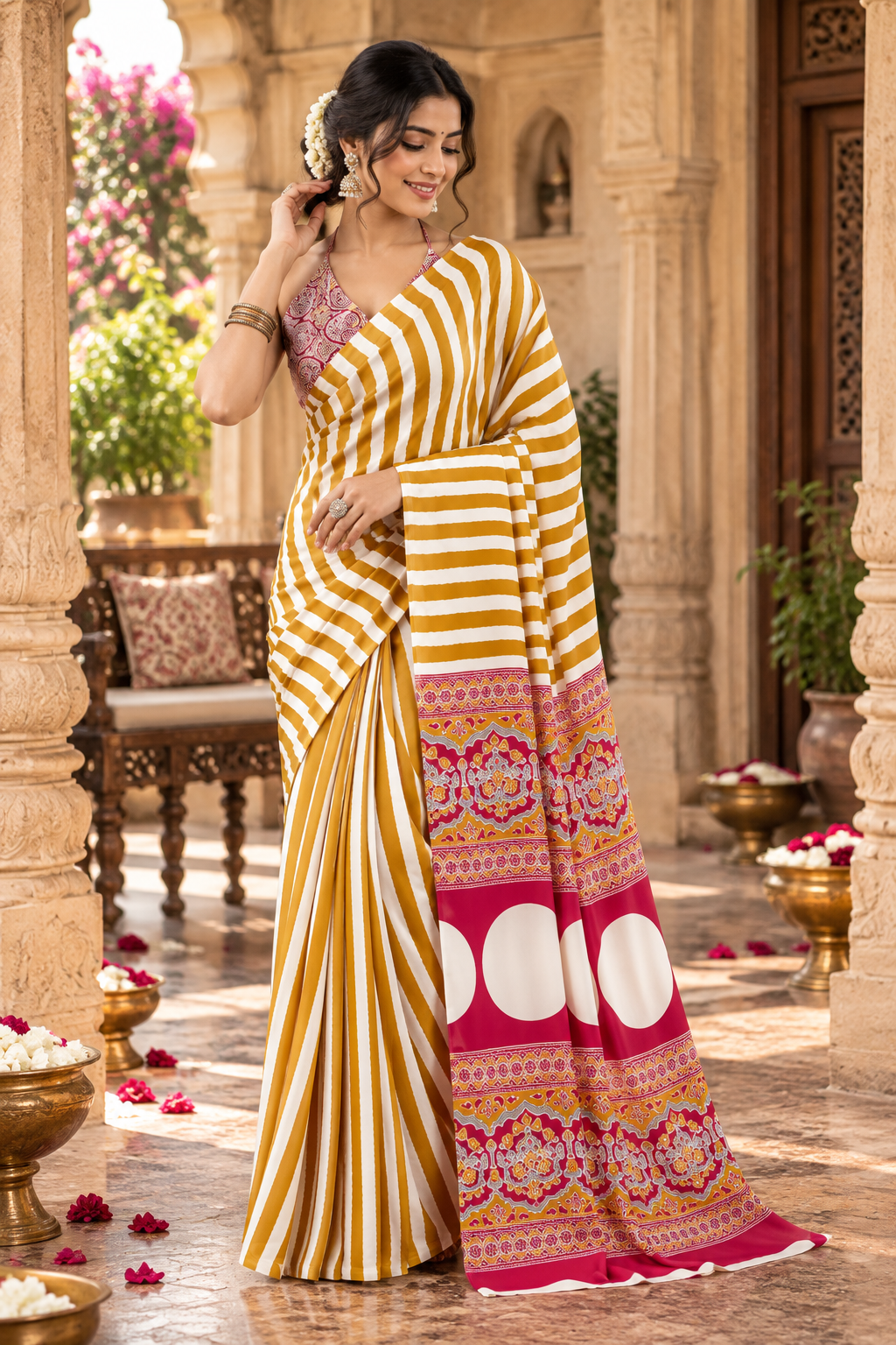 Satin Silk Ajrakh Printed Saree With Unstitched Blouse(Yellow)