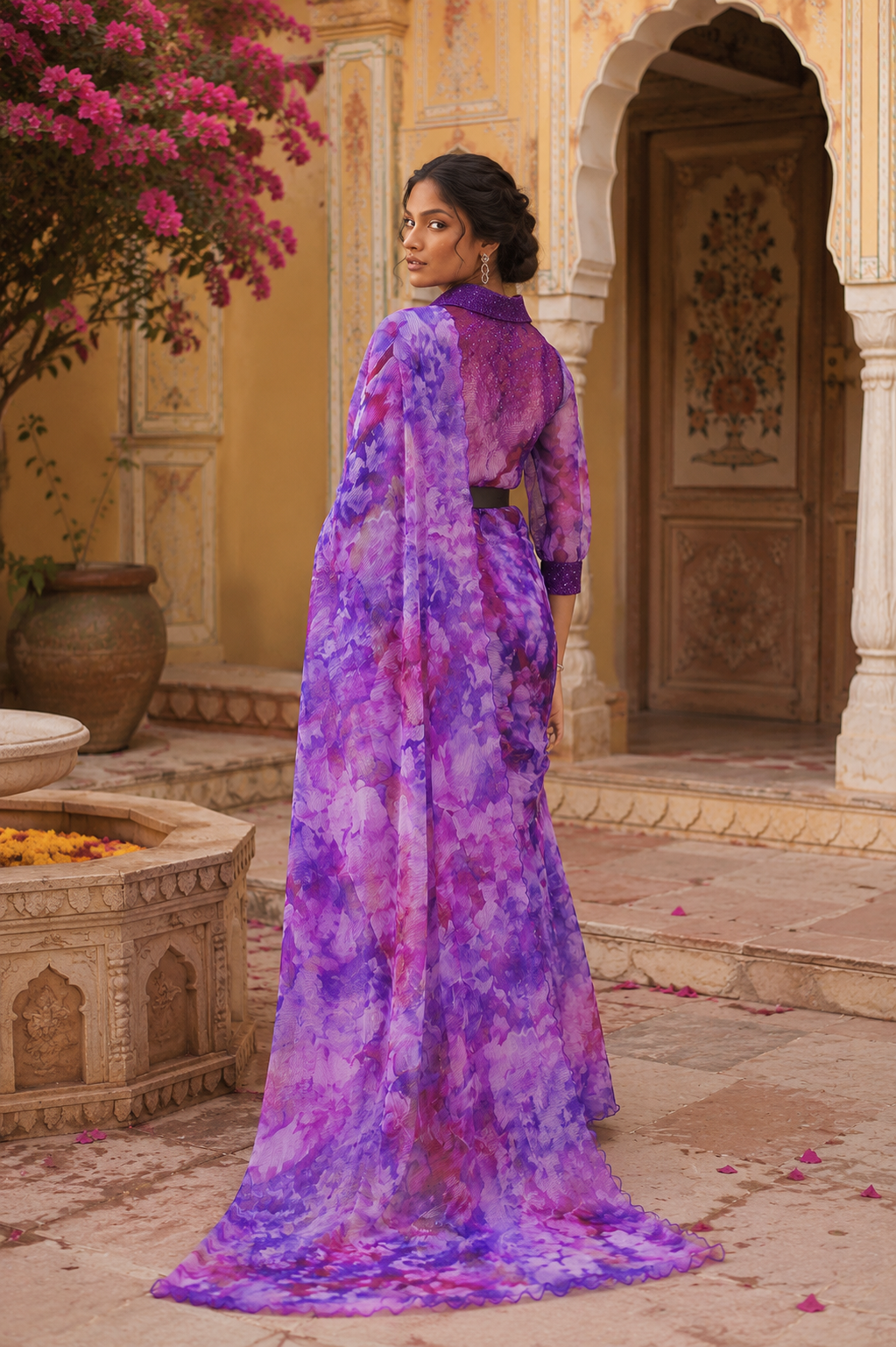 Satin Silk Floral Printed Saree With Unstitched Blouse(Lavender)