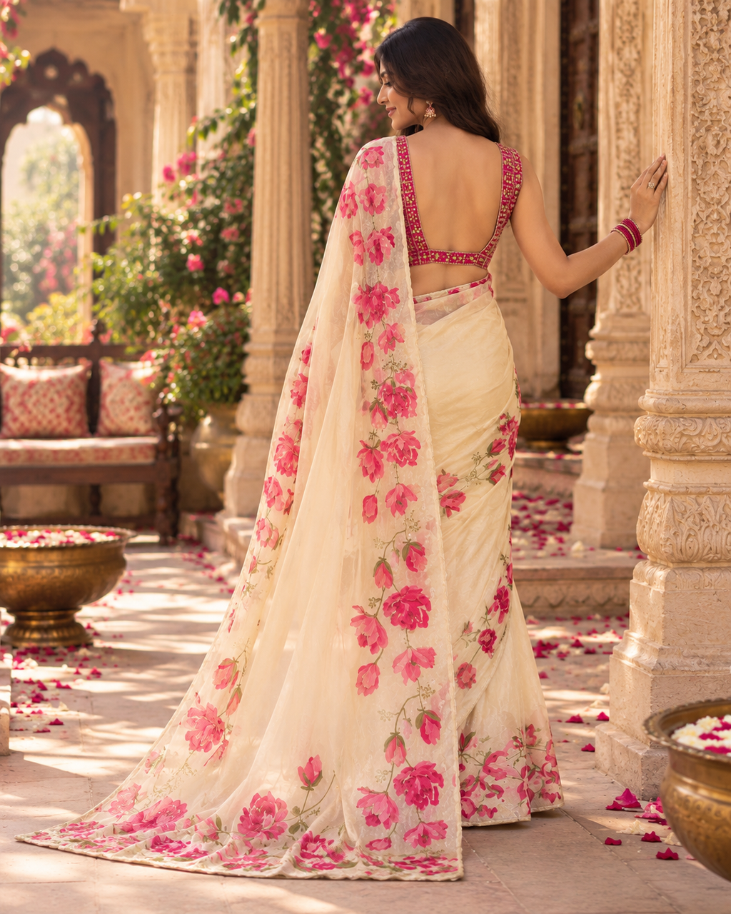 Premium Organza Silk Saree With Unstitched Blouse(White)