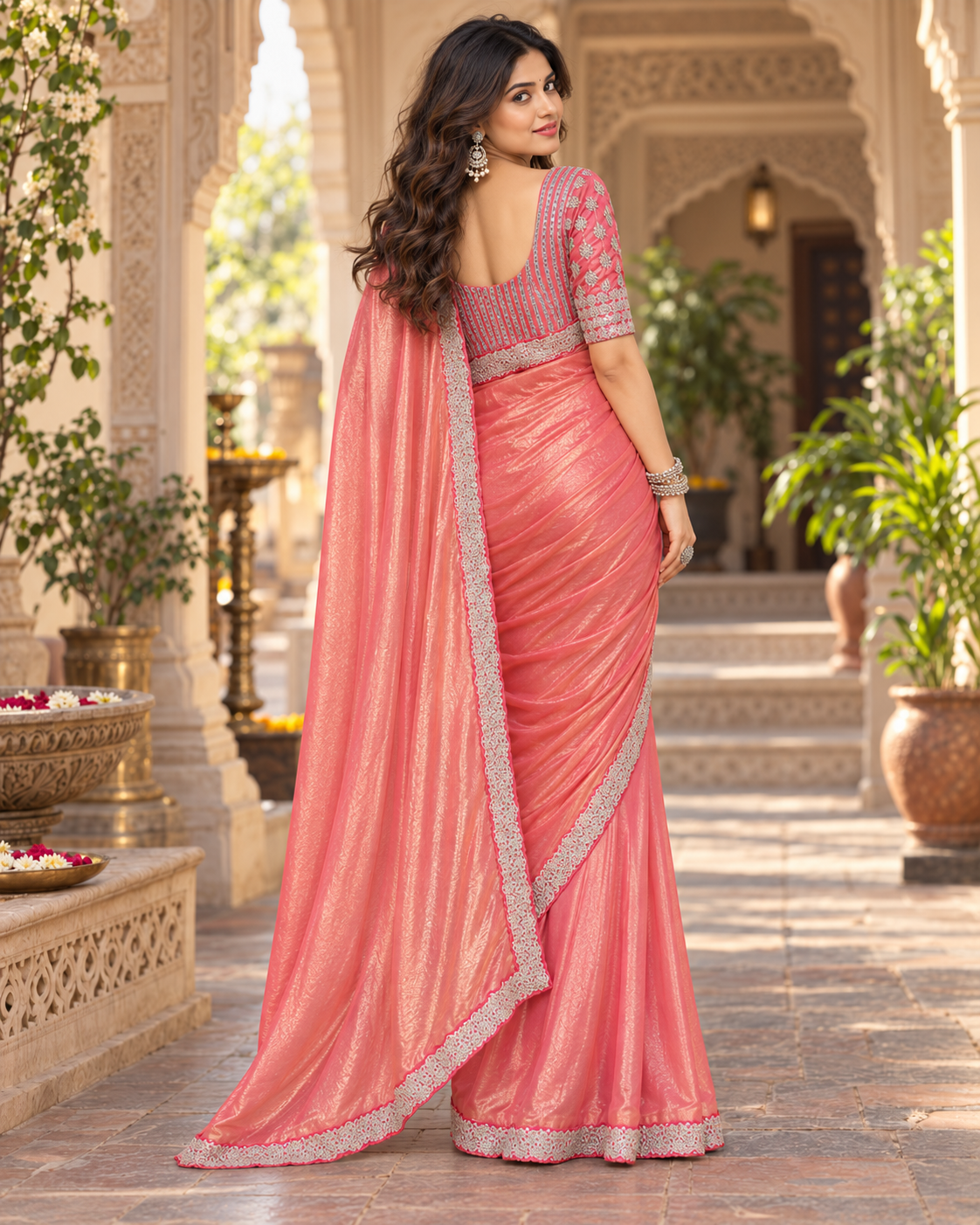 Chiffon Designer Saree With Unstitched Blouse(Brink Pink)