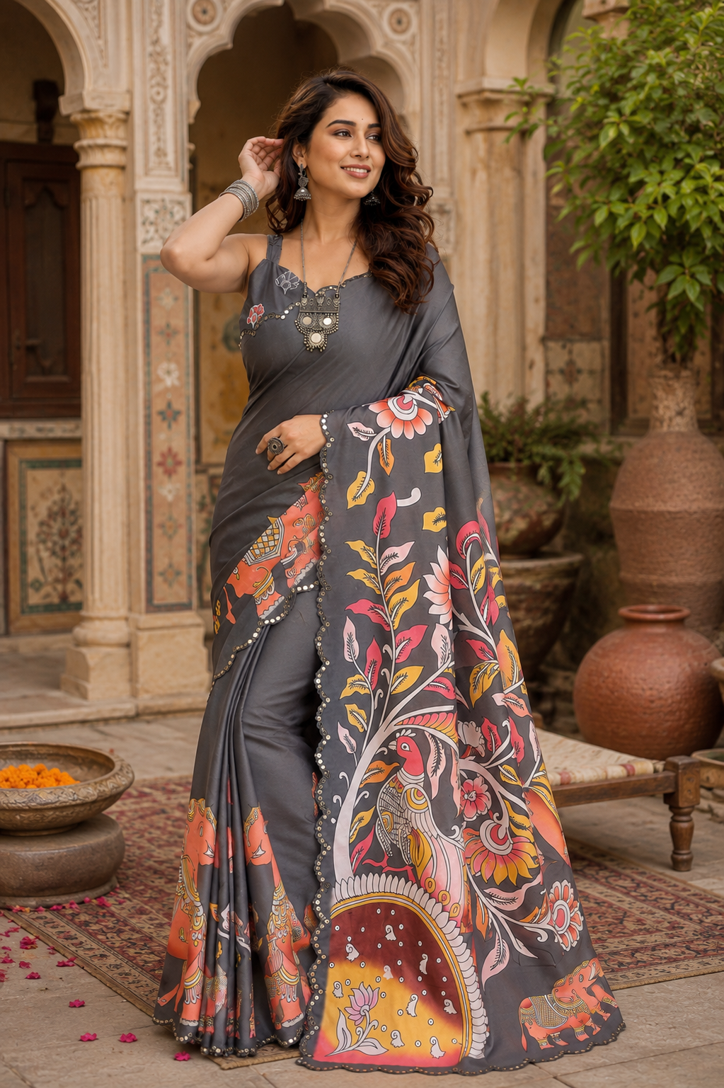 Manipuri Silk Kalamkari Print Saree With Unstitched Blouse(Grey)