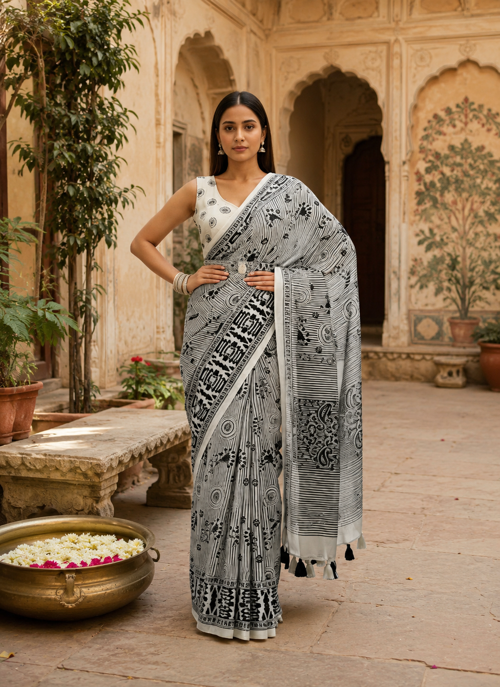 Mulberry Ikat Silk Printed Saree With Unstitched Blouse(Grey)