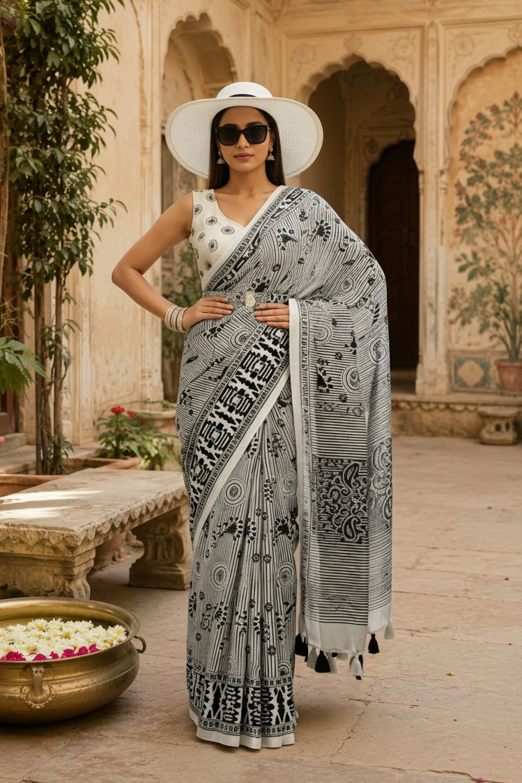 Mulberry Ikat Silk Printed Saree With Unstitched Blouse(Grey)
