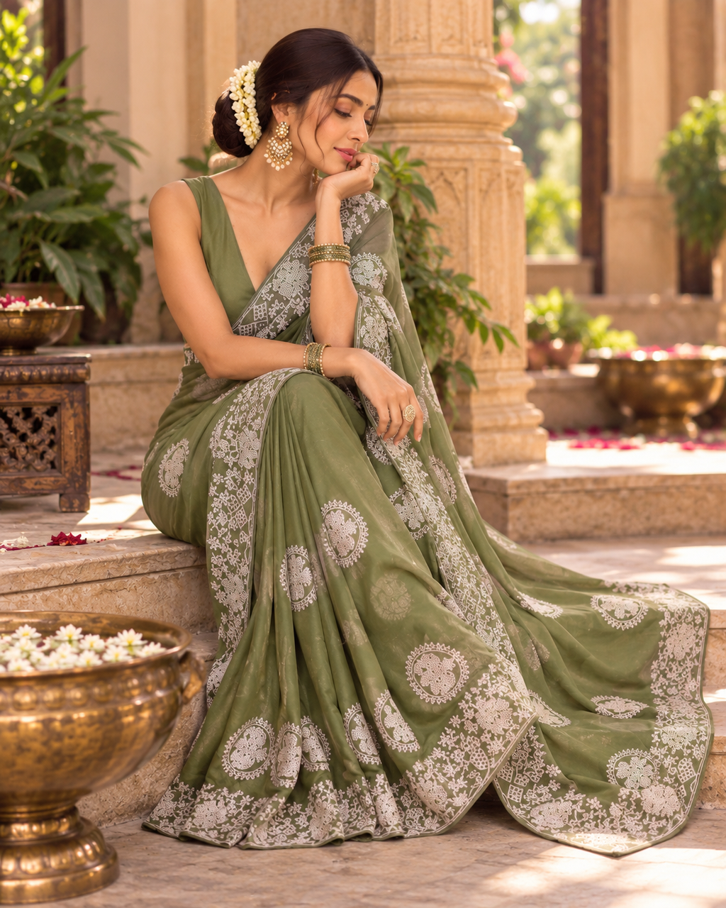 Star Georgette Embroidery Work Saree With Unstitched Blouse(Green)