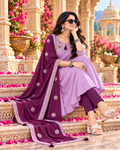 Roman Silk Embroidery Work Anarkali Kurti Pant Set With Dupatta(Violet)
