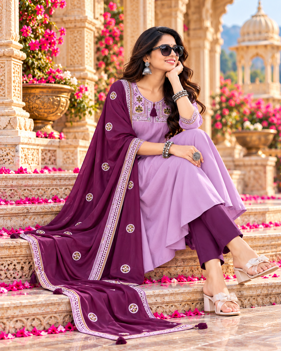 Roman Silk Embroidery Work Anarkali Kurti Pant Set With Dupatta(Violet)