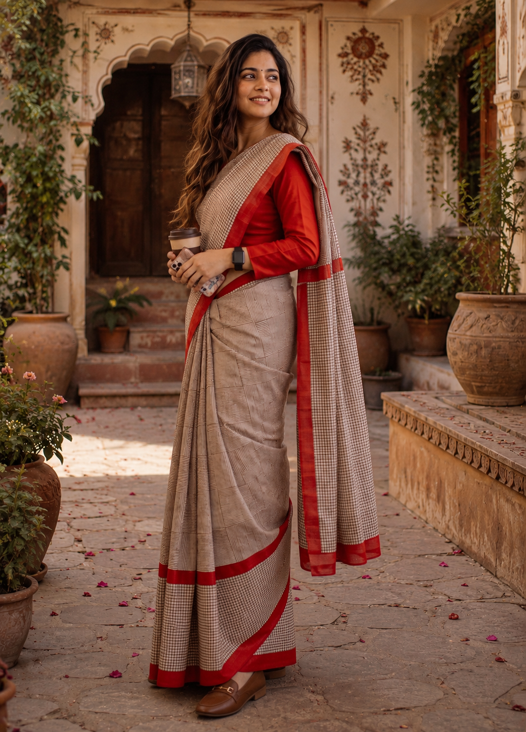 Mulmul Cotton Block Printed Saree With Unstitched Blouse(Red)