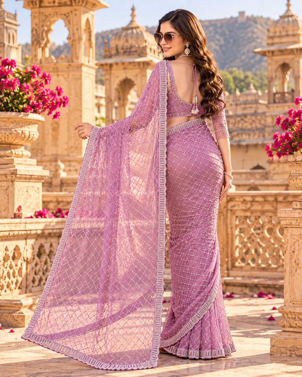Net Silk Pearl Embroidery Work Premium Saree With Unstitched Blouse(Lavender)