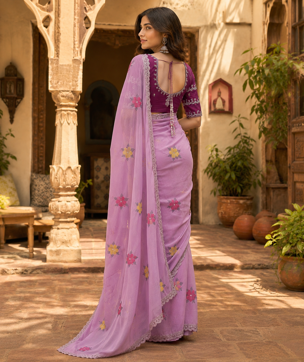 Soft Rangoli Silk Embroidery & Mirror Work saree With Unstitched Blouse(Baby Pink)