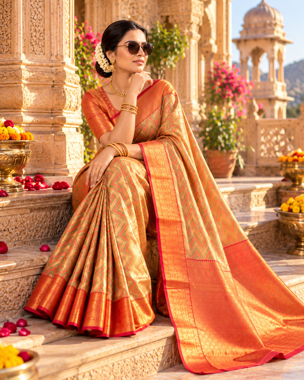 Pure Kanjivaram Silk Saree With Unstitched Blouse(Orange)
