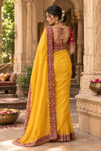 Chinon Silk Saree With Unstitched Blouse(Yellow)