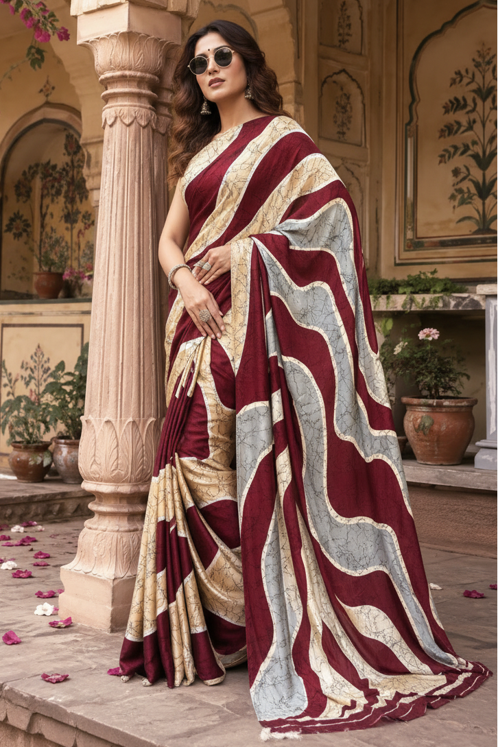 Premium Satin Silk Wave Print Saree With Unstitched Blouse(Maroon)