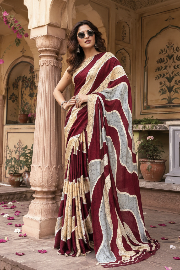 Premium Satin Silk Wave Print Saree With Unstitched Blouse(Maroon)