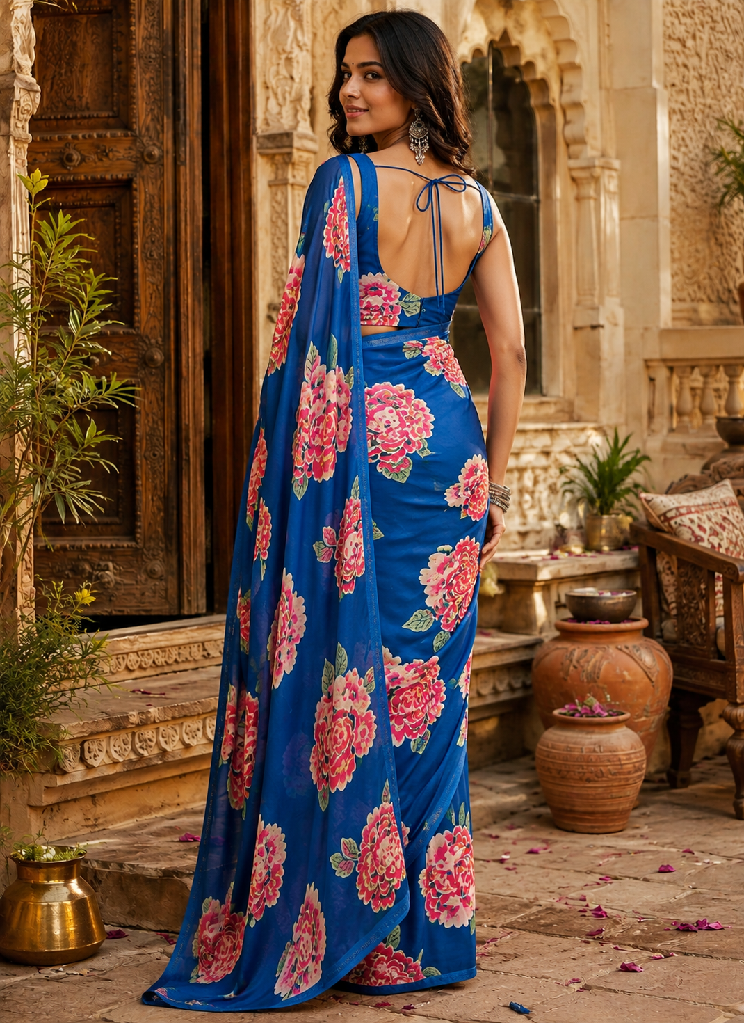 Premium Satin Silk Saree with Unstitched Blouse(Blue)