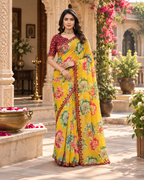 Pure Georgette Embroidery Work Saree With Unstitched Blouse(Mustard)
