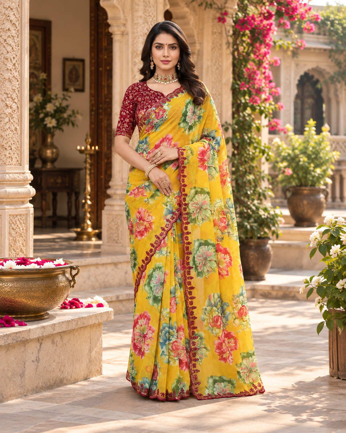 Pure Georgette Embroidery Work Saree With Unstitched Blouse(Mustard)
