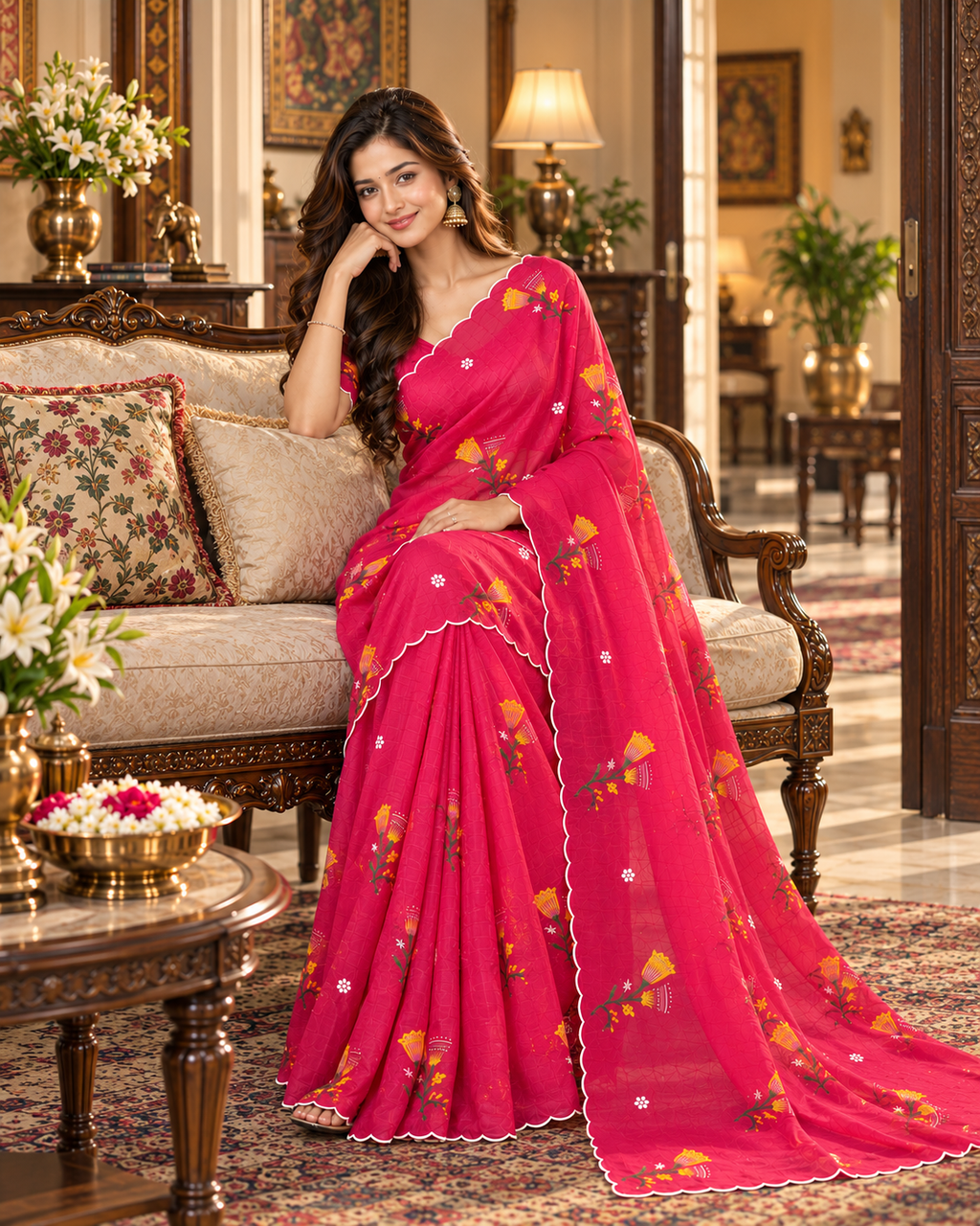 Soft Crush Silk Thread Flower Embroidery Work Saree With Unstitched  Blouse (Red)