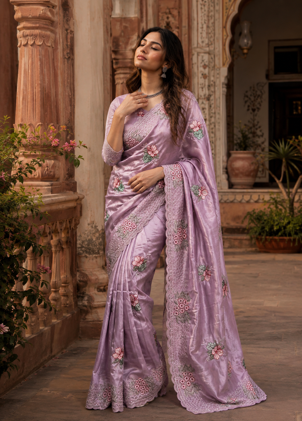 Georgette Multi Embroidery Work Saree With Unstitched Blouse(Pink)