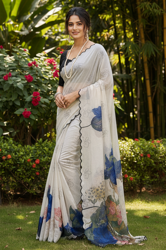 Chinon Silk Printed saree With Unstitched Blouse(White)