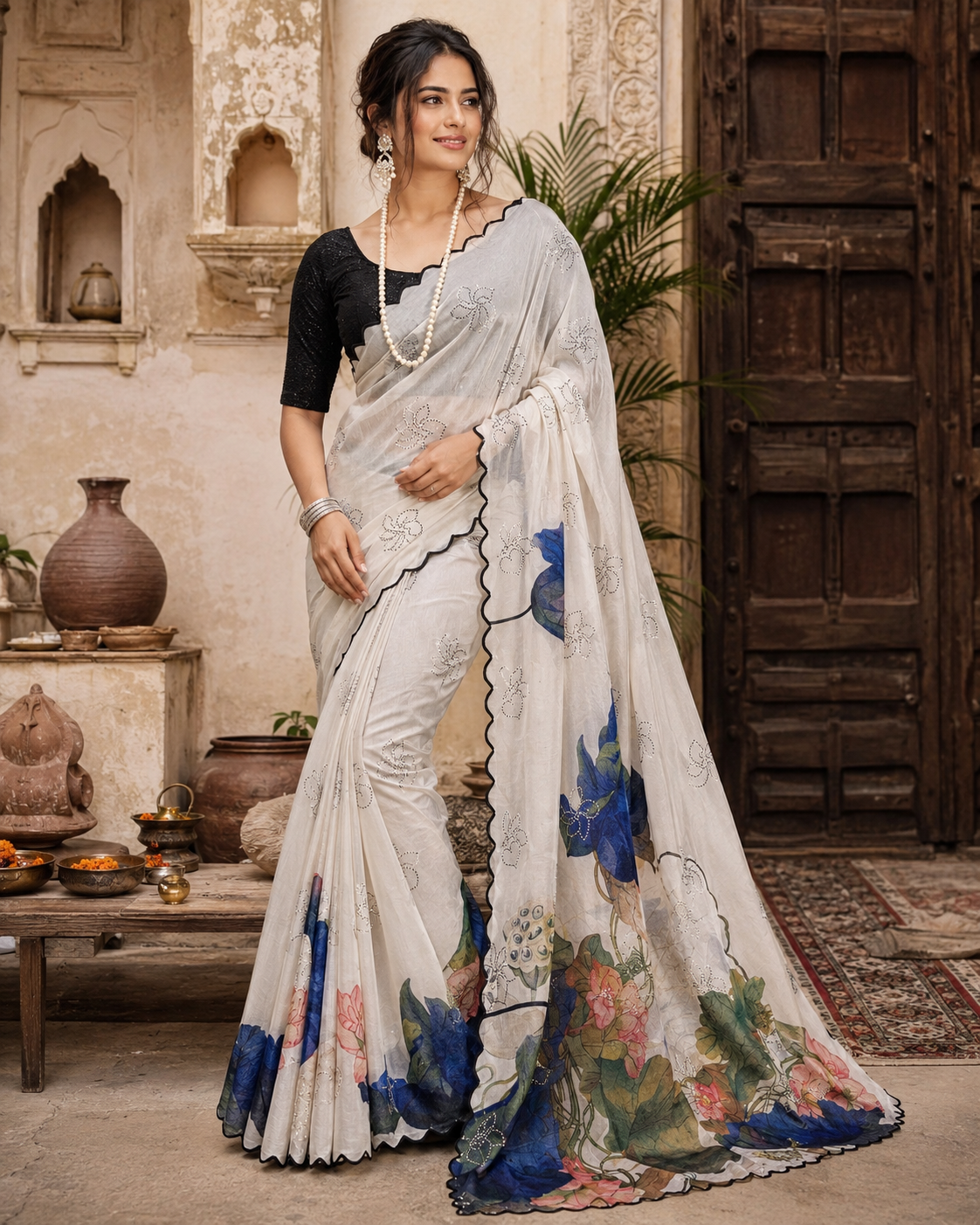 Chinon Silk Printed saree With Unstitched Blouse(White)