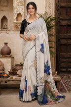 Chinon Silk Printed saree With Unstitched Blouse(White)