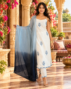 Pure Cotton Sleeveless Kurti Pant With Dupatta Set(White)