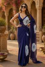 Load image into Gallery viewer, Cotton Block Flower Print Saree With Unstitched Blouse(Blue)
