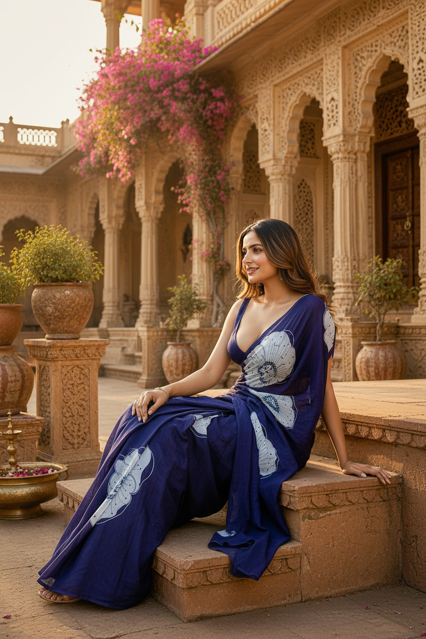 Cotton block flower print saree with unstitched blouse(blue)
