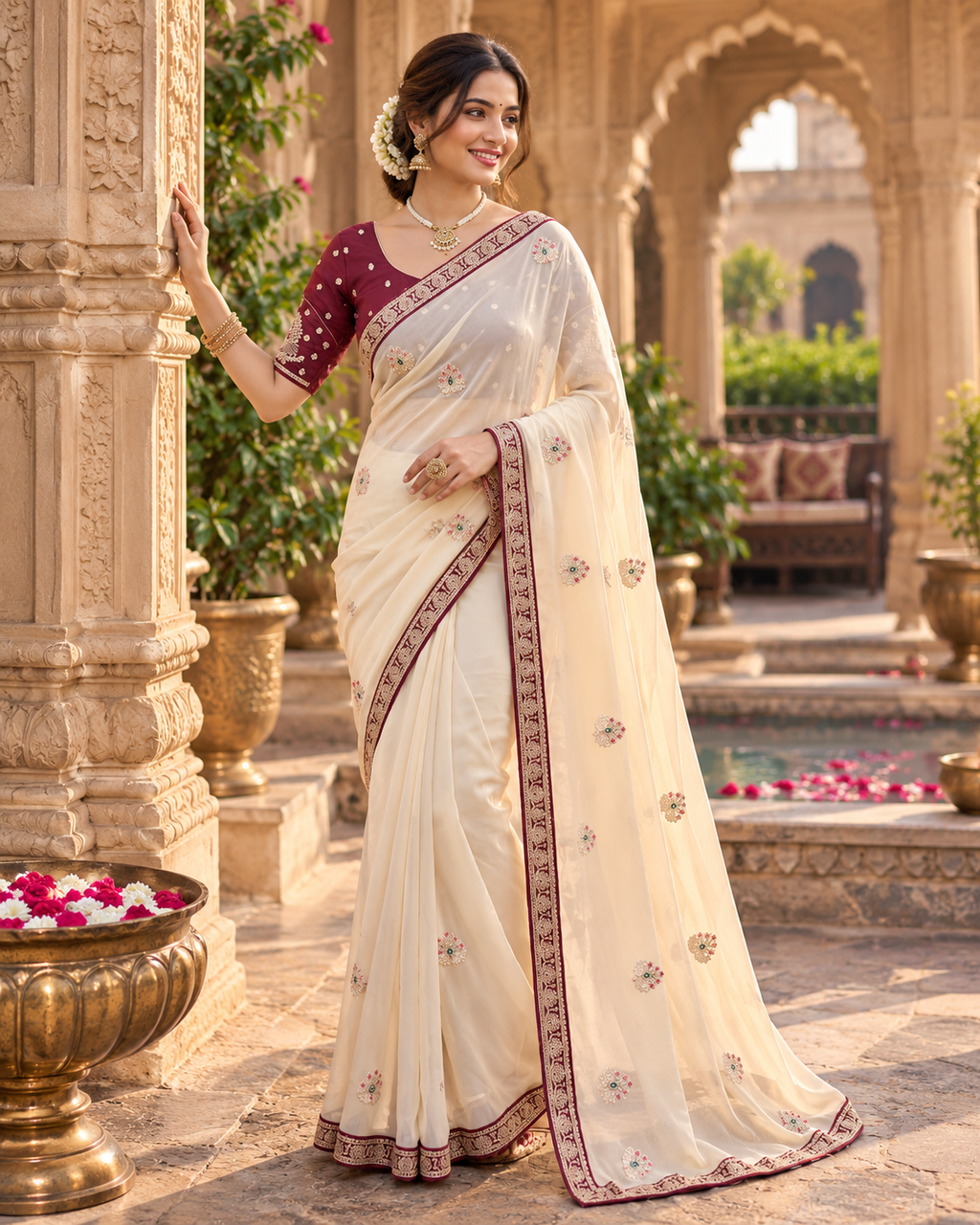 Rangoli Silk Embroidery Work Saree With Unstitched Blouse(White)