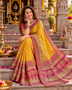 Gajji Silk Ajrakh Printed Saree With Unstitched Blouse(Yellow)