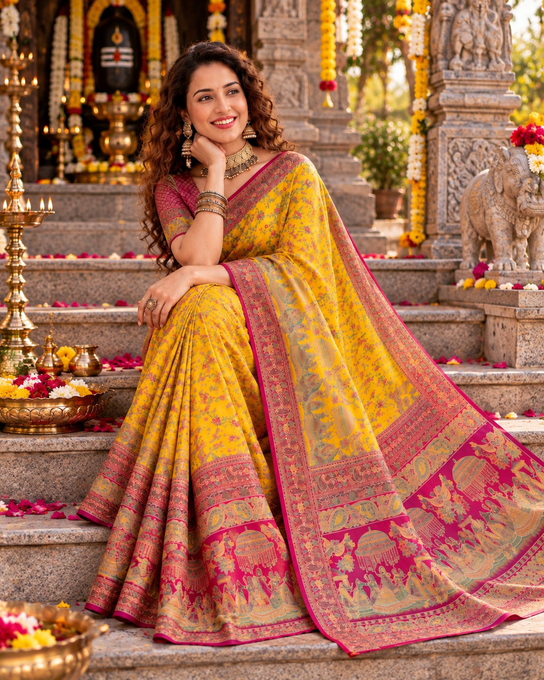 Gajji Silk Ajrakh Printed Saree With Unstitched Blouse(Yellow)