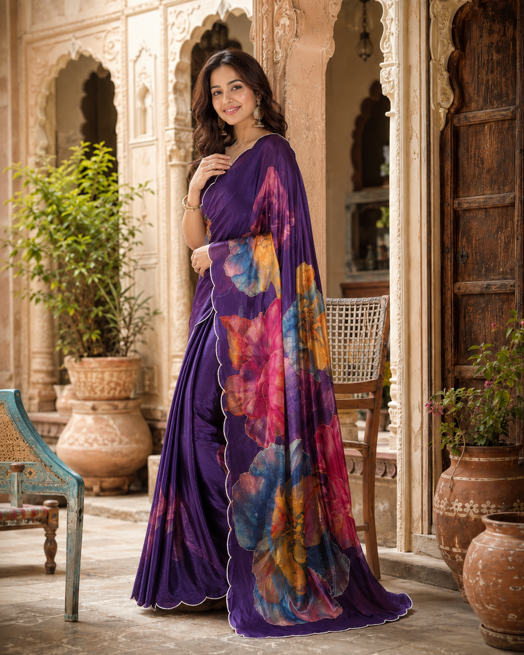 Satin Silk Floral Print Saree With Unstitched Blouse(Purple)