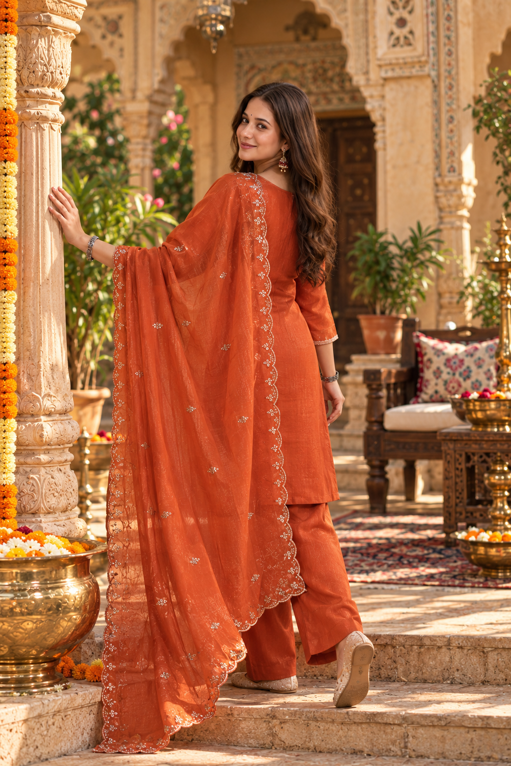 Crunch Silk Straight Kurti Palazzo Set With Dupatta(Orange)